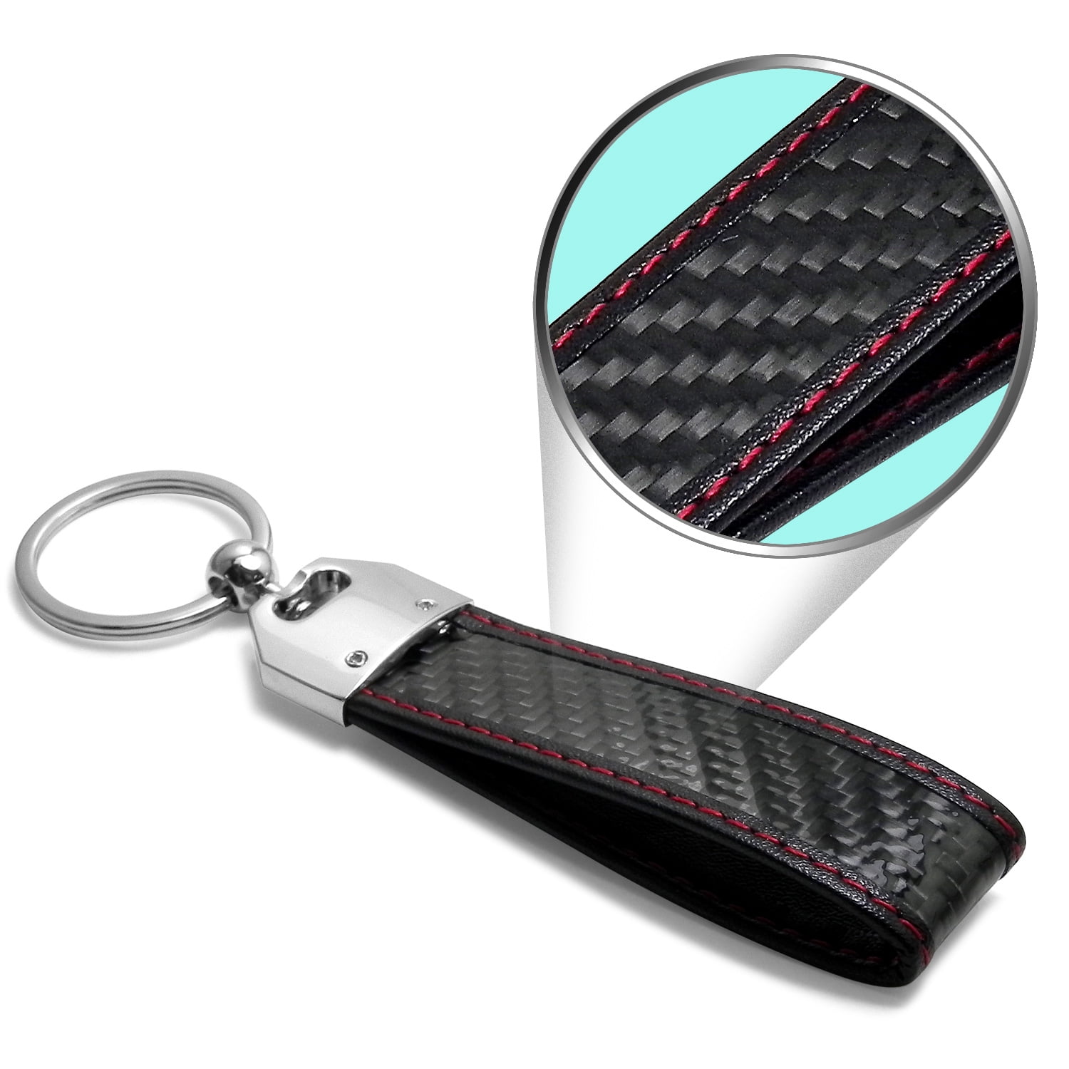 Honda Civic Real Black Carbon Fiber Loop Strap Key Chain with Red Stitching