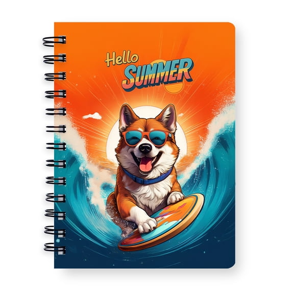 Retro Surfing Akita in Cool Sunglasses Hello Summer Waves Spiral Bound Journal Inu Dog Lover 5x7in Spiral Notebook - 10001