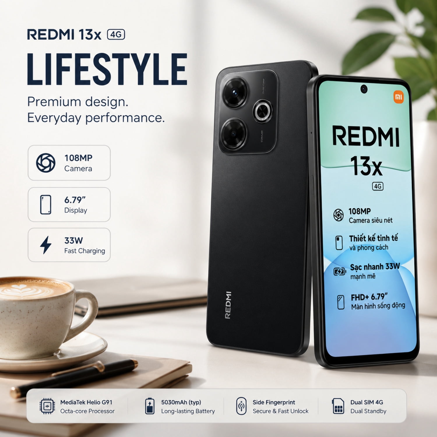 Xiaomi Redmi 13X 4G 256GB ROM 8GB RAM Dual SIM GSM Unlocked - Black