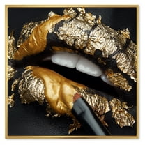 Designart 'Female Lips With Black Leather and Gold Foil' Modern Framed Canvas Wall Art Print