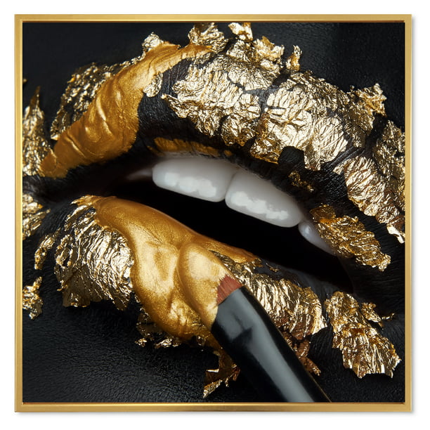 Designart Female Lips With Black Leather And Gold Foil Modern Framed Canvas Wall Art Print Com - Gold Foil Lips Wall Art
