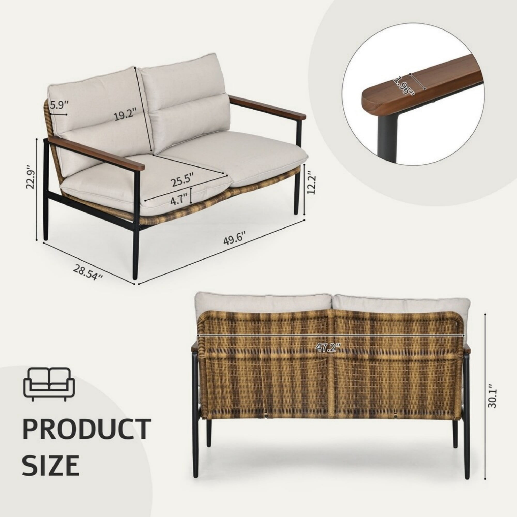 Aluminum Wicker Outdoor Loveseat with Cushions, 49.6" Patio Sofa, Hand-Woven Rattan, Deep Seating for Garden, Backyard, Balcony