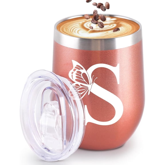 Initial Tumbler, Monogrammed Gifts for Women, 12oz Stainless Steel Monogram Tumbler Wine Coffee Mug with Lid for Birthday Gifts, Personalized Drinking Cup for Family Friend Sister.(Rose Gold/S)