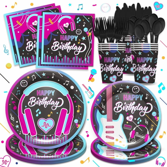 168pcs Music Birthday Party Supplies Tableware - Music Theme Birthday Decorations Set Include Plates, Cups, Napkins, Cutlery , for Music Birthday Baby Shower Decorations | 24 Guests