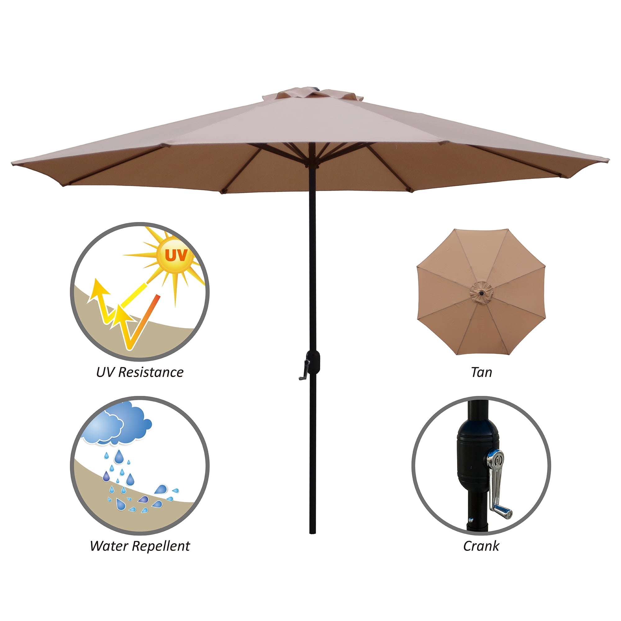 Abble 11FT Outdoor Patio Umbrella with Crank Handle, Market Umbrella with 8 Sturdy Umbrella Ribs, Waterproof for Garden Deck Backyard Pool, Tan