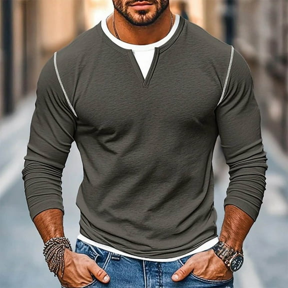Mens T-Shirts Long Sleeve Crewneck Tshirts Shirts Casual Solid Fake-Two-Piece Pullover Slim-Fit Basic Going Out Loungewear Tees Tops