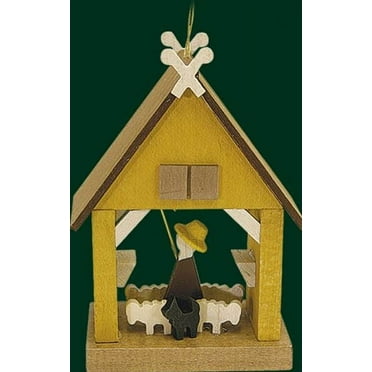 Shepherd and Sheep in the Stable German Wood Christmas Ornament