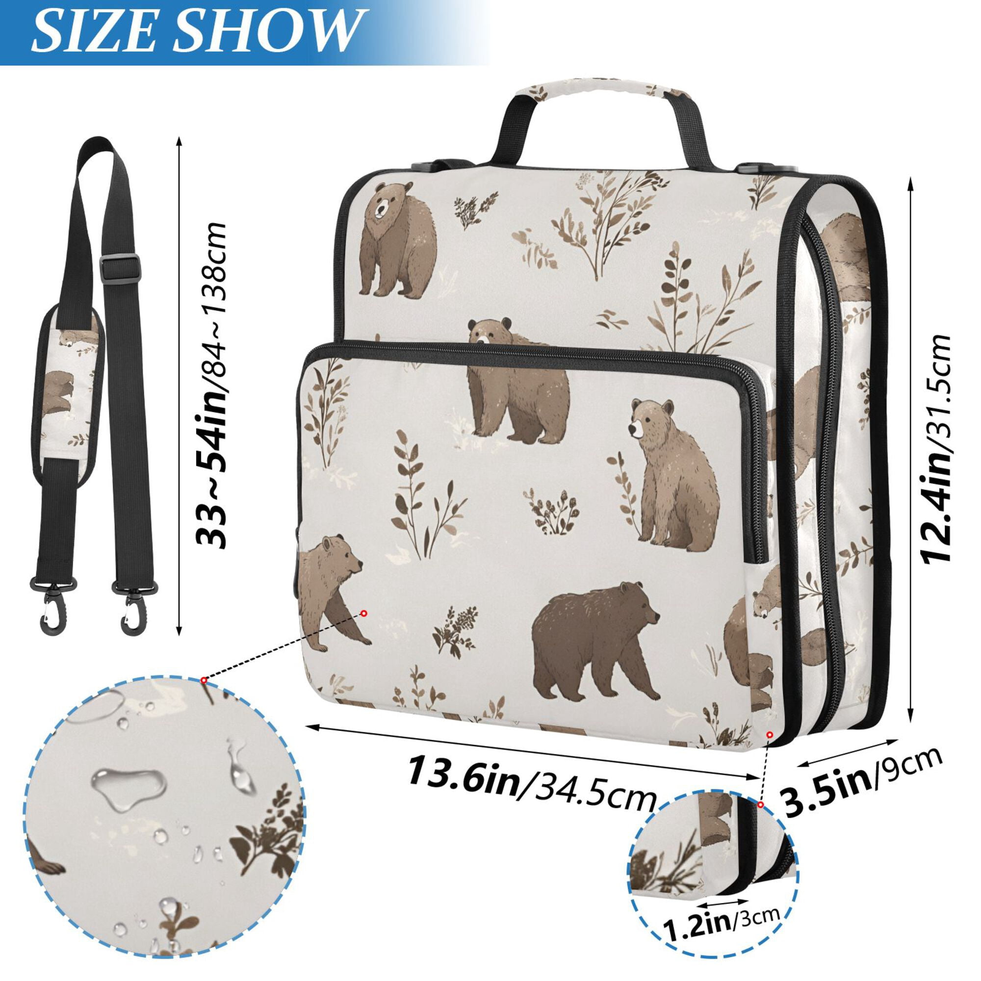 FORMRS Zipper Binder with Shoulder Strap 2-inch Ring 500 Sheet Capacity File Bag, Light Gray Bears