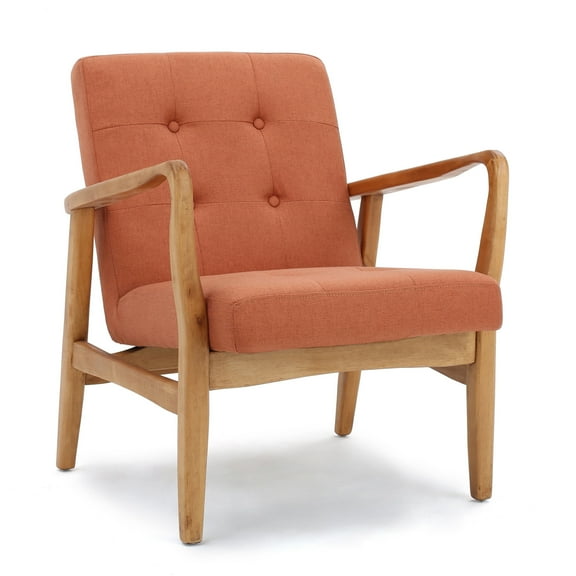 Mimi Accent Chair, Orange Fabric, Button Tufted Backrest, Light Brown Wood