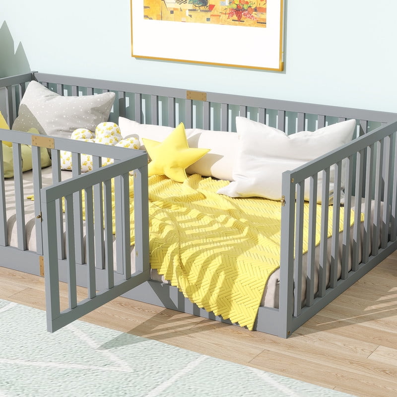Mirightone Rubber Wood Twin Bed Frame with High Rails and Door, Montessori Floor Bed Twin with 6 Slats, No Box Spring Needed, Grey