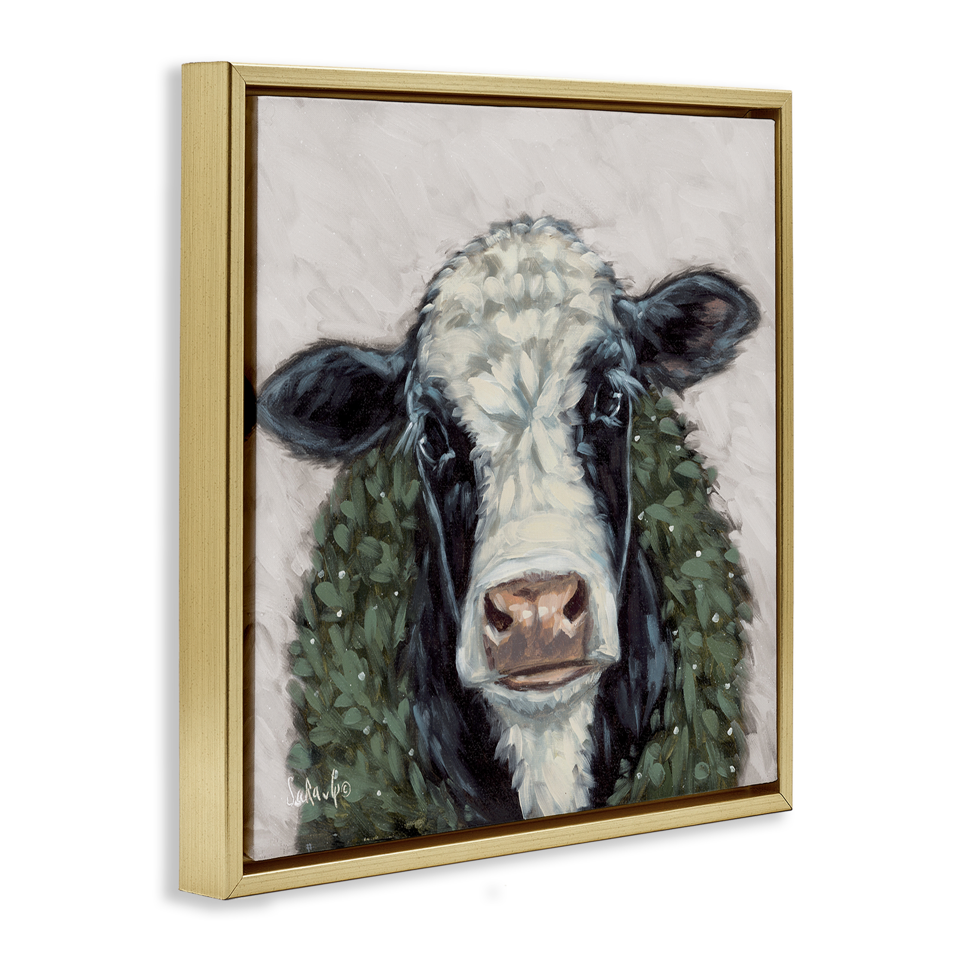 Stupell Industries Spotted Cow with Wreath Holiday Painting Gold Floater Framed Canvas Art Prints Wall Art, 25 x 25