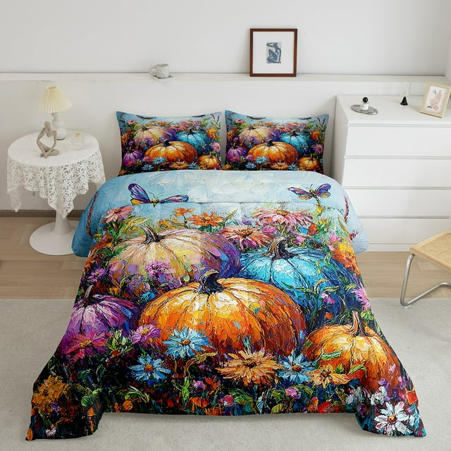 Erosebridal Ensembles de Couette à Imprimé Citrouille Format Très Grand, Couette en Duvet Récolte d'Automne, Insert de Couette Réversible à Motif Floral Rétro, Décor de Chambre Ultra Doux, 3 Pcs