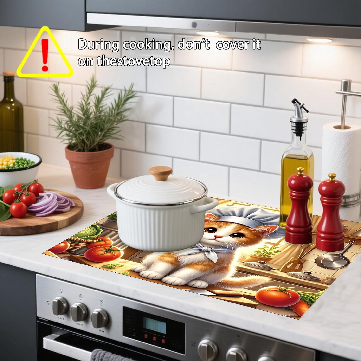 Stove Top Cover Chef Cat Design 20.47x28.34inch Polyester-Diatom Mud Blend Glass Stove Top Cover Protector for Kitchen Decor