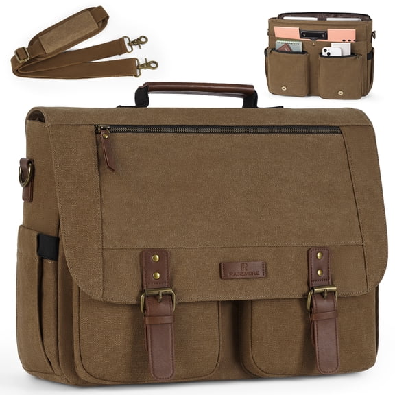 RAINSMORE Messenger Bag for Men 15.6inch Laptop Bag Water-resistant Canvas Computer Satchel Briefcase for Work College,Brown