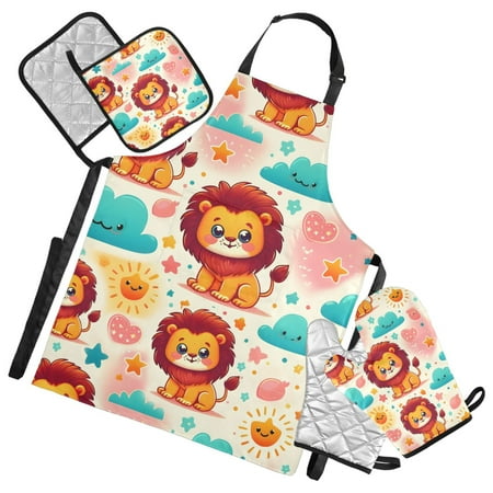 

5 Pcs Kitchen Set Heat Resistant Oven Mitts and Non-Slip Pot Holders with Adjustable Cooking Apron Cute Lion Sun Cloud
