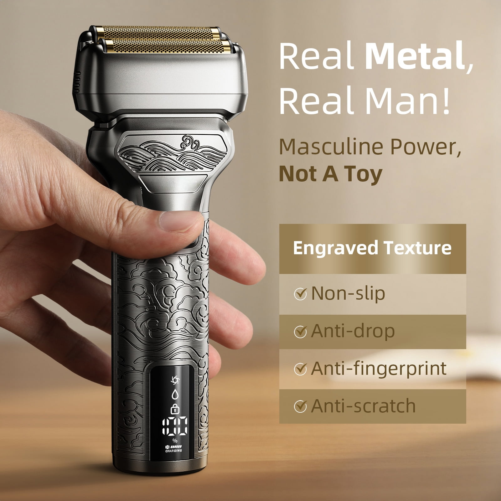 Noahstrong Men's Electric Razor with Trimmer – IPX7 Waterproof Foil Shaver for Wet & Dry Use, Dual-Blade Beard Trimmer with LED Display/Non-Slip Metal Handle/Travel Lock/Fast Charging