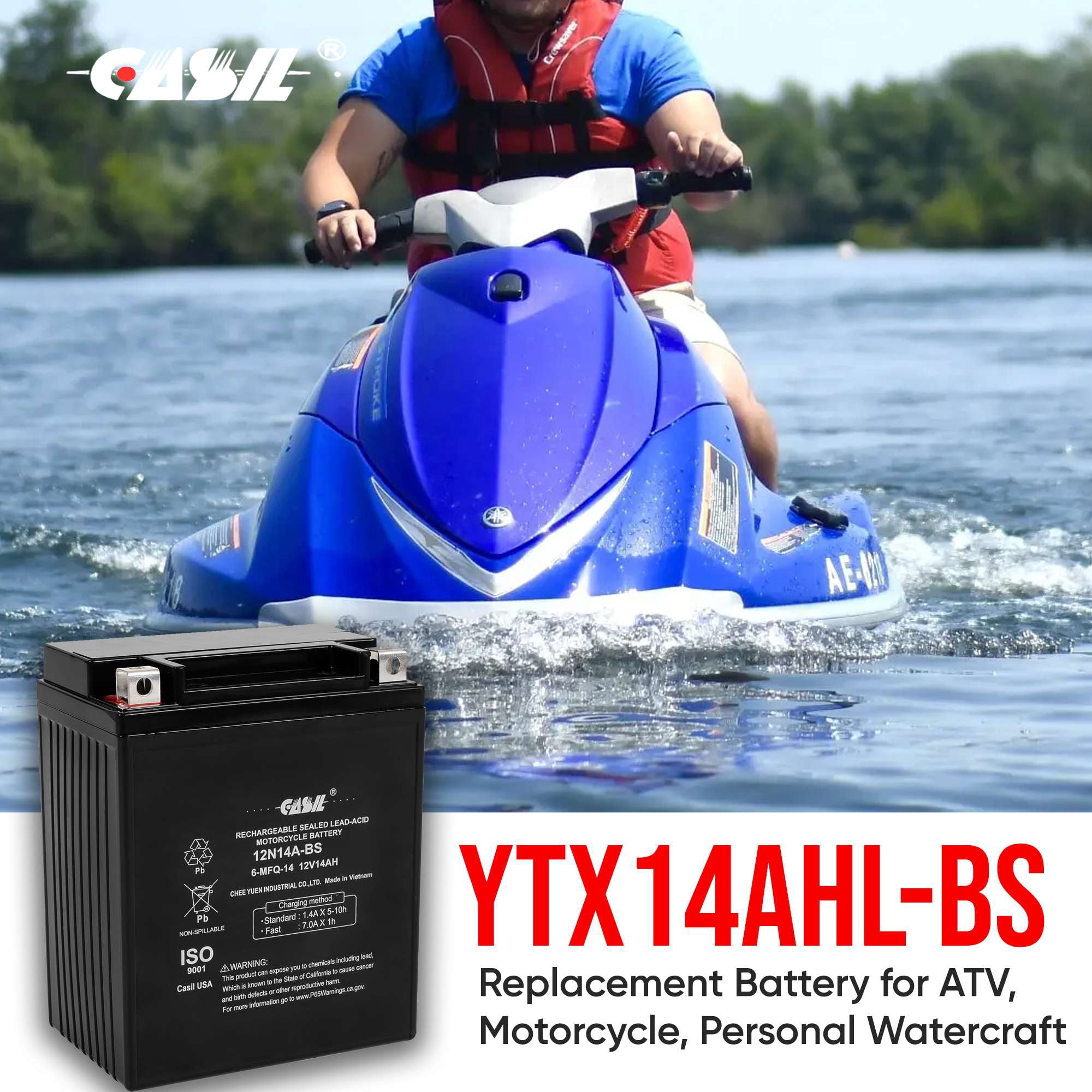 Casil YTX14AHL-BS Maintenance Free Replacement Battery for ATV, Motorcycle, Personal Watercraft, Scooter, and Snowmobile - 12 VOLT 14 Amp