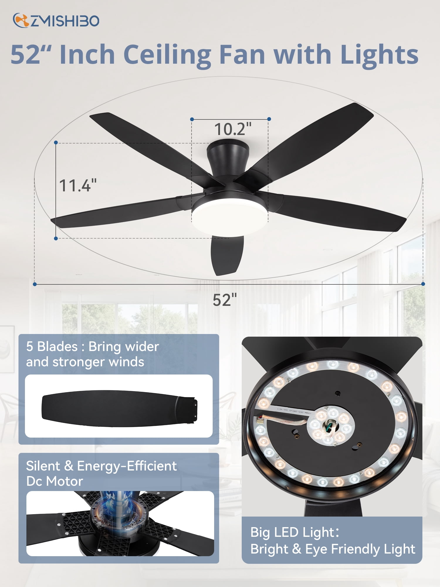 Zardon 52in Ceiling Fans with Light and Remote Control, Flush Mount Ceiling Fans with Reversible 6 Speeds, for Indoor, Outdoor, Black