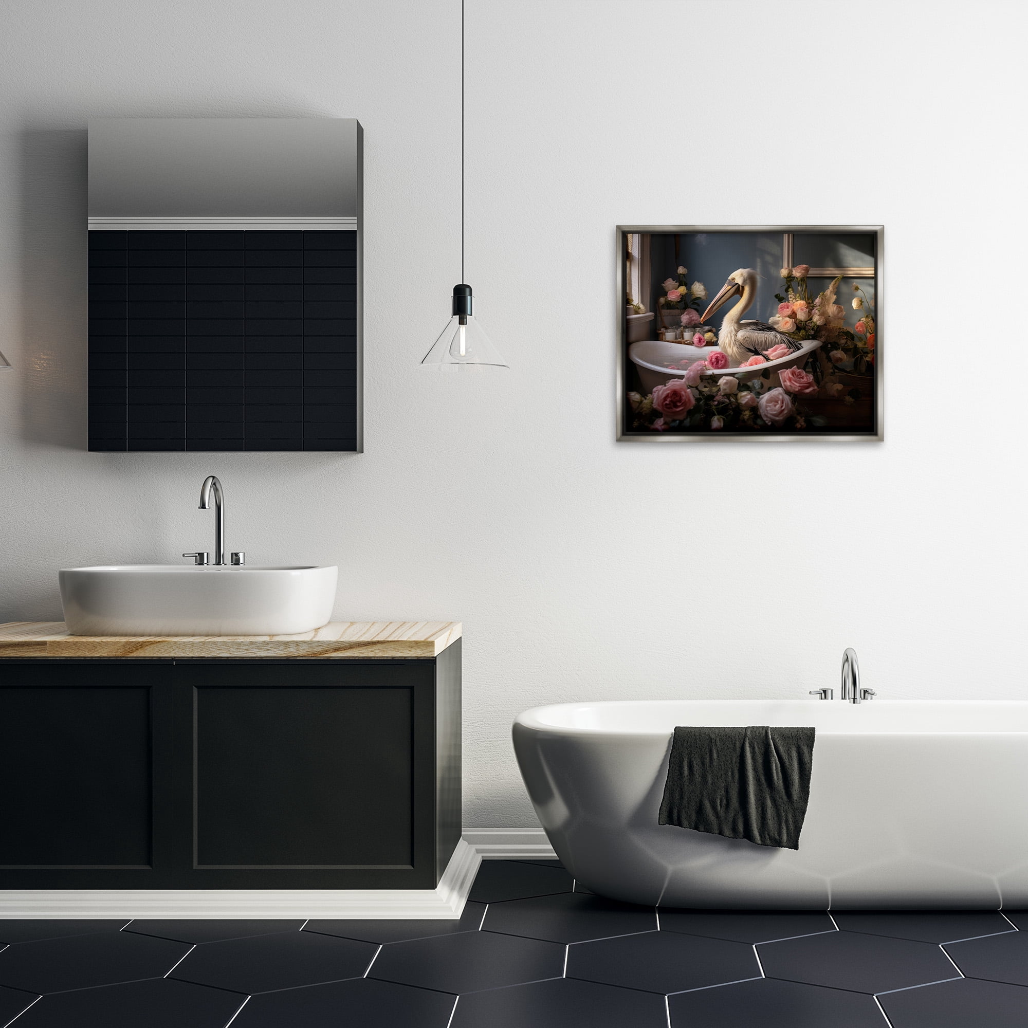 Stupell Industries Pelican in Rose Filled Tub Animals & Insects Painting Gray Floater Framed Canvas Art Print Wall Art, 31 x 25
