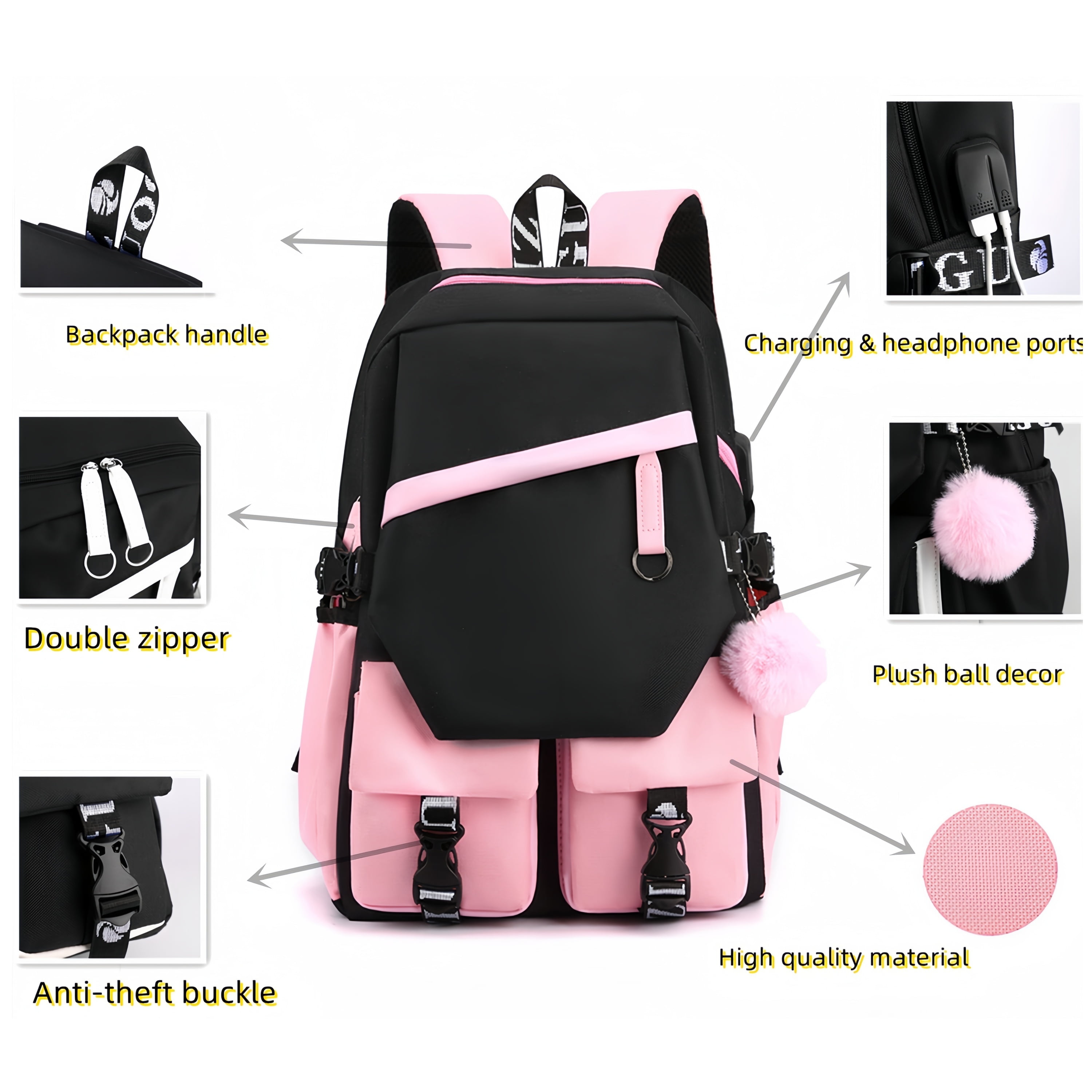 4Pcs Girls Backpack with Lunch Box  Set, 17 inch School Bookbag with Lunch Bag for Teens