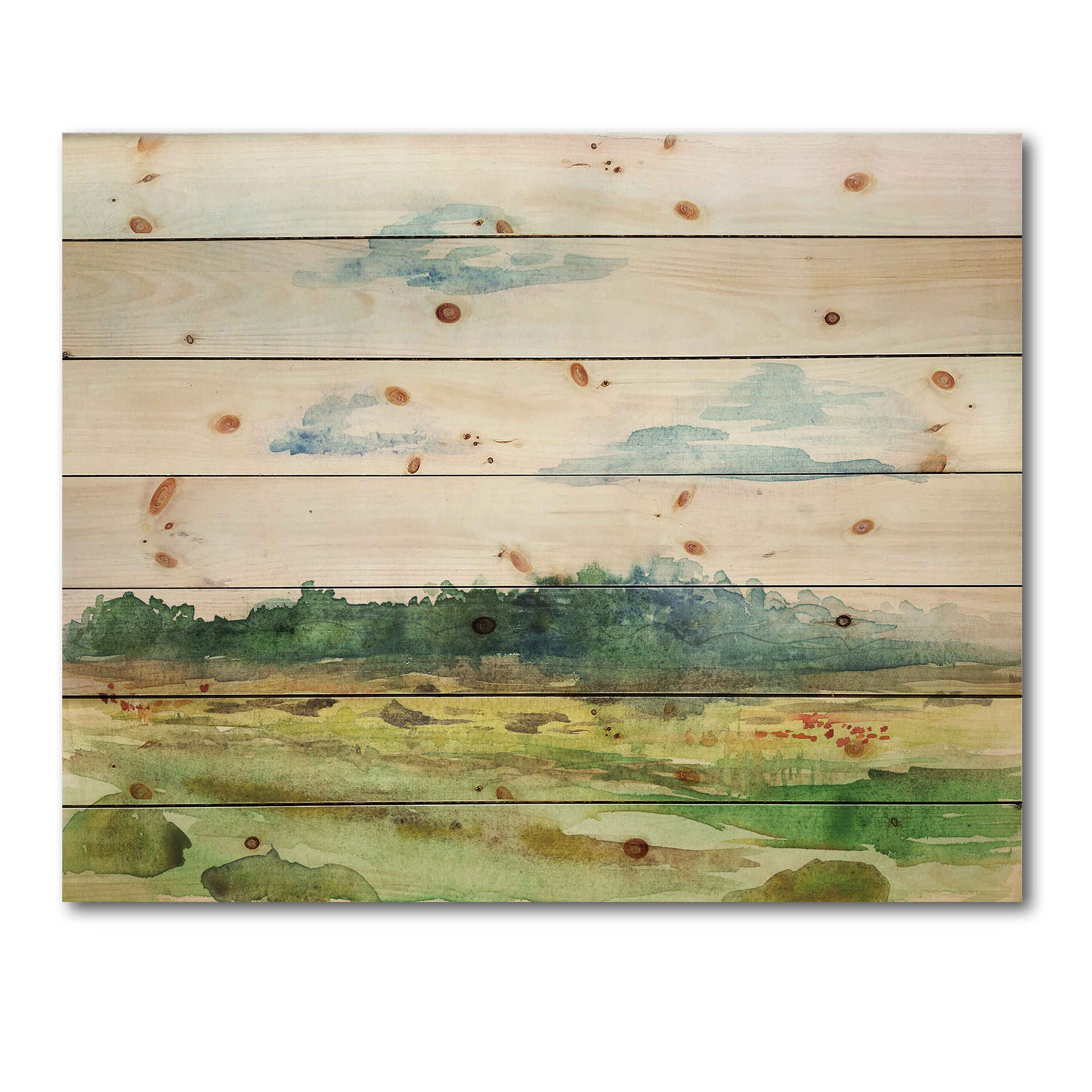 Designart 'Summer Landscape Of Green Blossoming ' Traditional Print on Natural Pine Wood