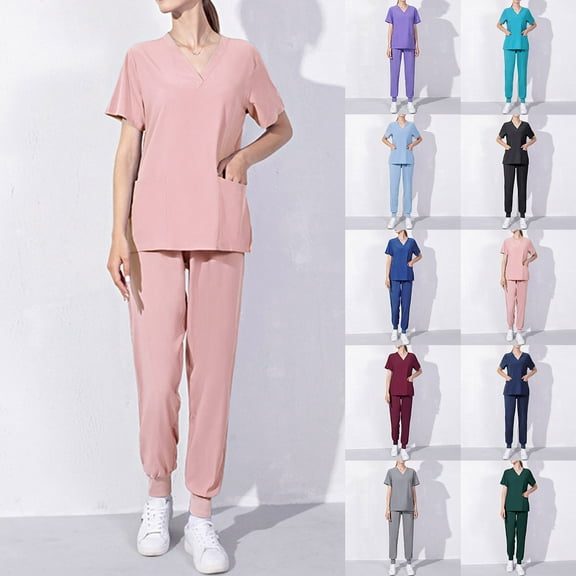 XUNKUSGA Women Scrubs Sets Comfortable Breathable Scrub Tops and Scrub Pants Casual V-Neck Scrub Top & Jogger Pant with Pockets for Workwear S-2XL,Blue