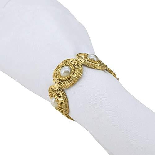 Fennco Styles Vintage Pearl Bead Napkin Rings, Set of 4 - Gold Metal Napkin Holders for Home, Dining Room, Banquet, Family Gathering, Holiday Décor and Special Occasion