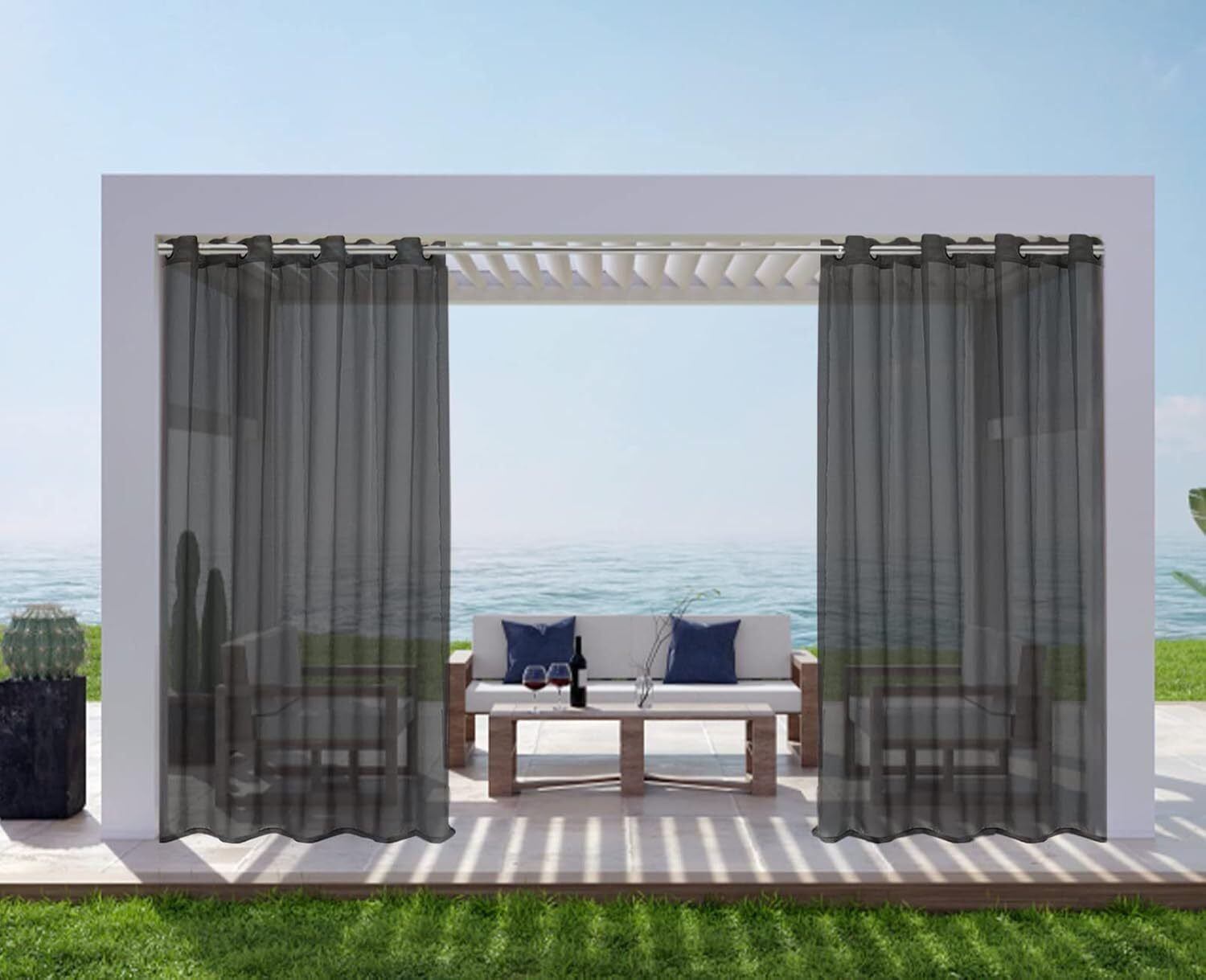 GoXteam Black Outdoor Sheer Curtains for Patio Waterproof, 2 Panels Grommet Indoor Voile Sheer Curtain for Living Room, Bedroom, Porch, Pergola, Cabana, 52 x 84 inch