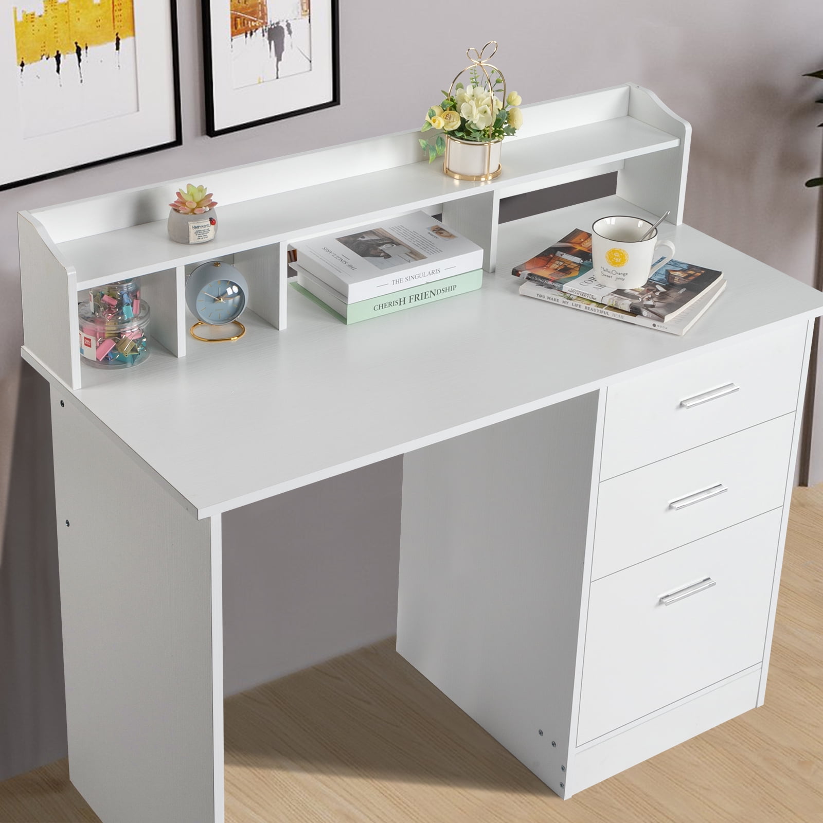 Ktaxon Wood Computer Desk Office Laptop PC Work Table, Writing Desk with 3 Drawers File Cabinet for Letter Size,White