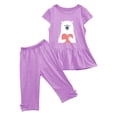 thumbnail image 2 of Odeerbi Kids Girls 2 Piece Outfits Ruffle Tops Capris Set Summer Clothes Floral Print Round Neck Short Sleeve Flying Sleeves Top Elastic Waist Cropped Pants Two-piece Set Purple, 2 of 5