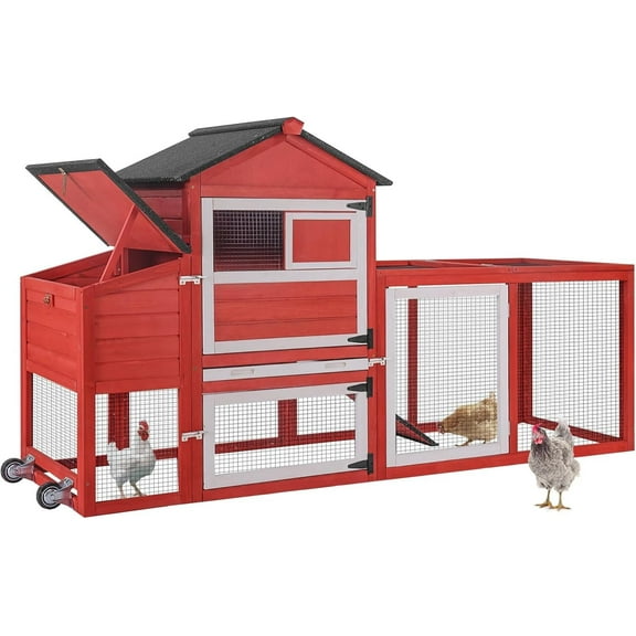 Aivituvin Chicken Coop Chicken House for Outdoor, Poultry Cage with Wheels Large Mobile Hen House and UV-Resistant Roof Red