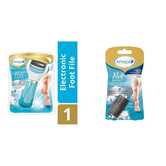 Amope Pedi Perfect Electronic Dry Foot File-Callus Remover With Diamond Crystals, Blue, Regular Coarse, Batteries Included and Pedi Perfect Electronic Foot File Mixed Refills, 2 Count