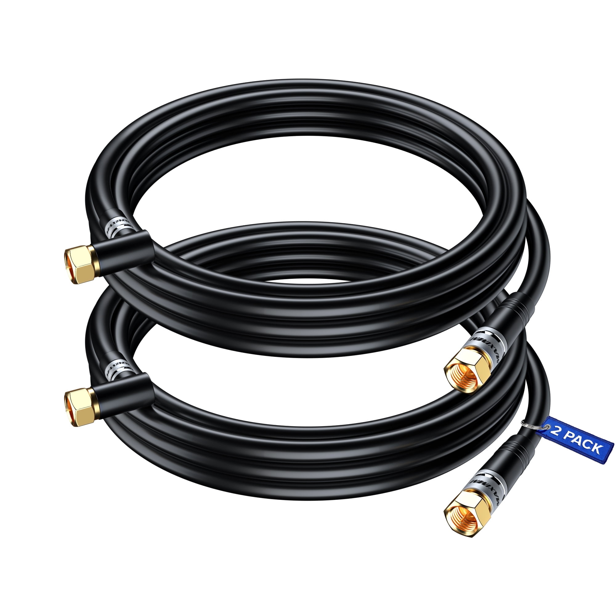 Coaxial Cable RG6, with a Right Angle 90° Connector, 10 ft, Coax Cable F-Type Triple Shielded Coax Cable, 2 Pack, (Black)