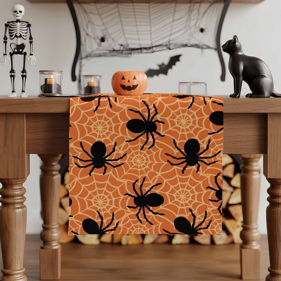 Table Runner Dresser Scarves 70 Inch Long,Scary Halloween Spiders Spiderweb Linen Dining Table Runners Orange Black Tabletop Scarf for Wedding Holiday Party Kitchen