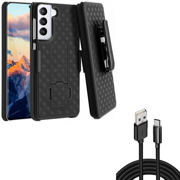 10ft USB-C Cable w Case Belt Clip for Samsung Galaxy S21 - Type-C Charger Cord Power, Holster Swivel Cover