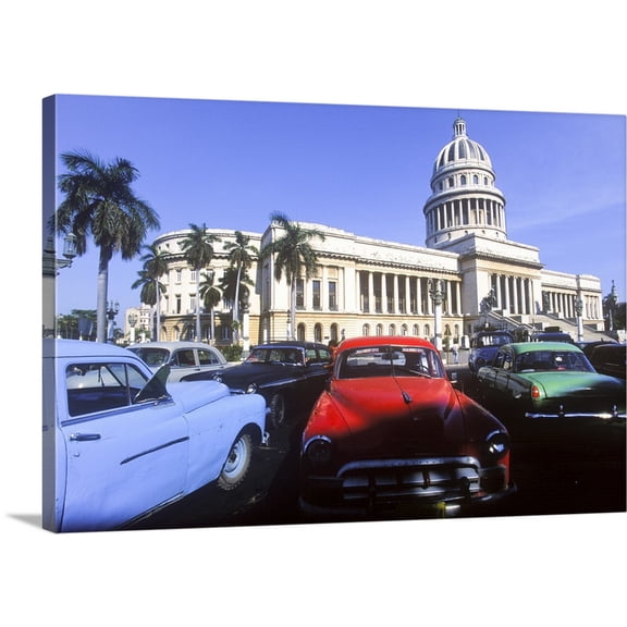 Great BIG Canvas | "Classic cars from the 1940's and 1950's and Capitolio Building, Havana, Cuba" Canvas Wall Art - 30x20