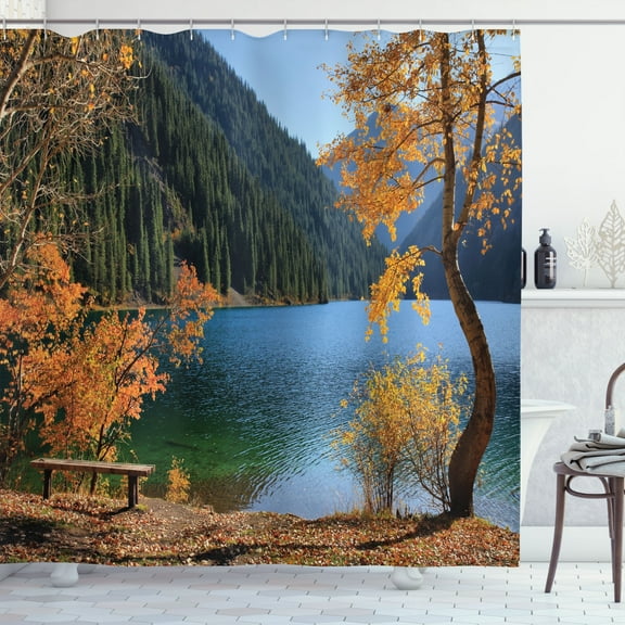 Ambesonne Fall Shower Curtain, Lake Forest Autumn Tree, 69"Wx75"L, Orange Green