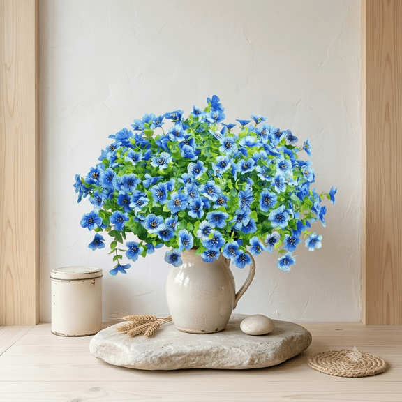 12 Bundles Artificial Flowers for Outdoor Indoor Garden Home Decor, Faux Daisy Flowers with Eucalyptus Leaves Fake Plants Greenery for Porch Patio Window Box Planters (Blue)