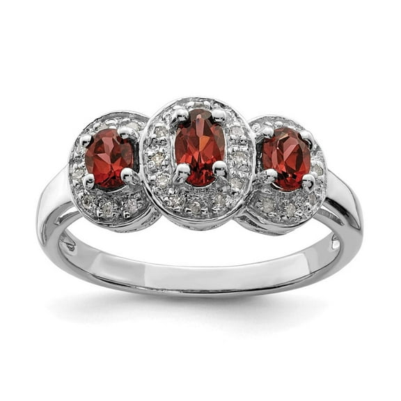 Sterling Silver Rhodium-plated 3 Stone Garnet & Diamond Ring QDX595