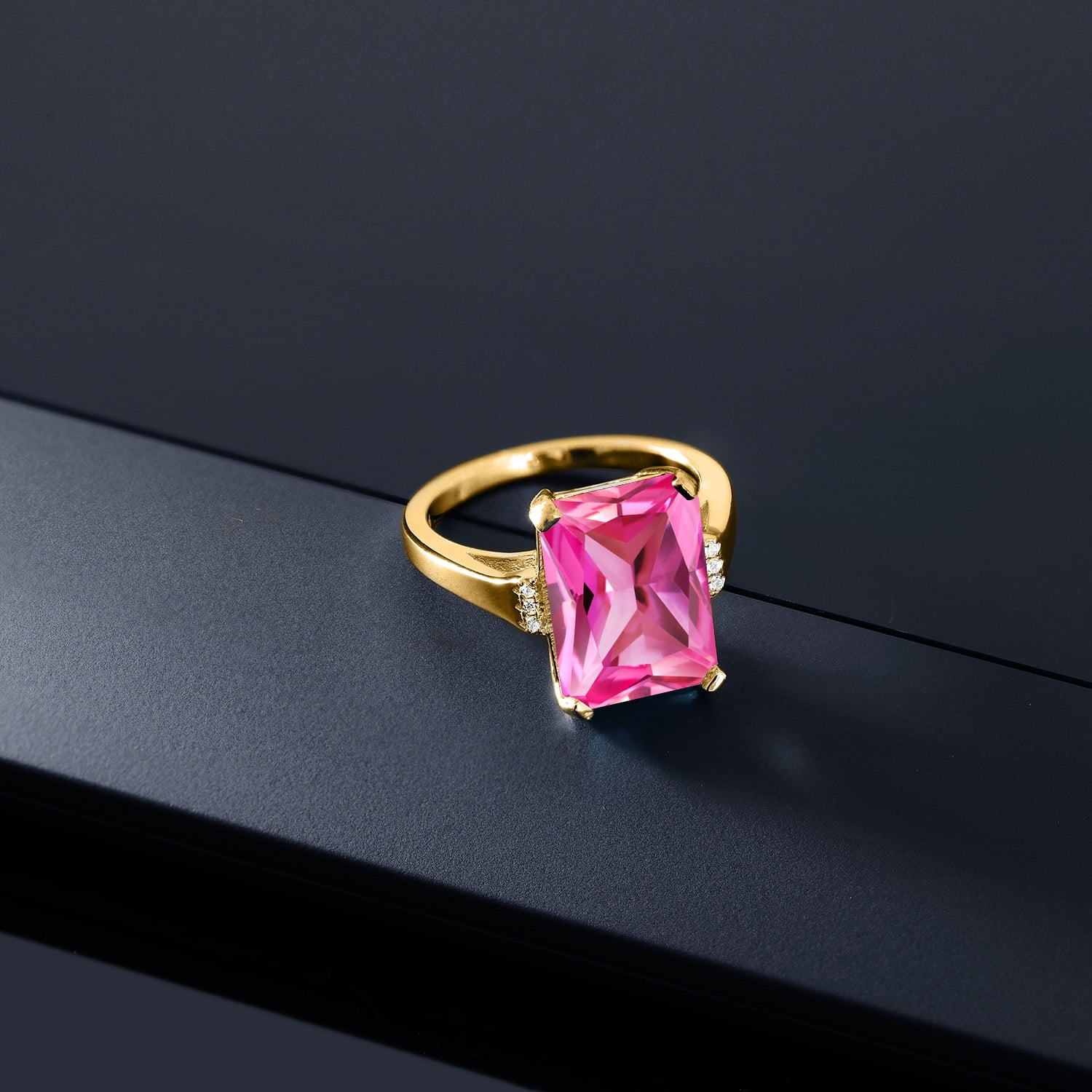 Gem Stone King 10.07 Cttw Pink Created Sapphire Engagement Ring for Women | 18K Yellow Gold Plated Silver| Octagon 14X10MM | Gemstone September Birthstone | Size 9