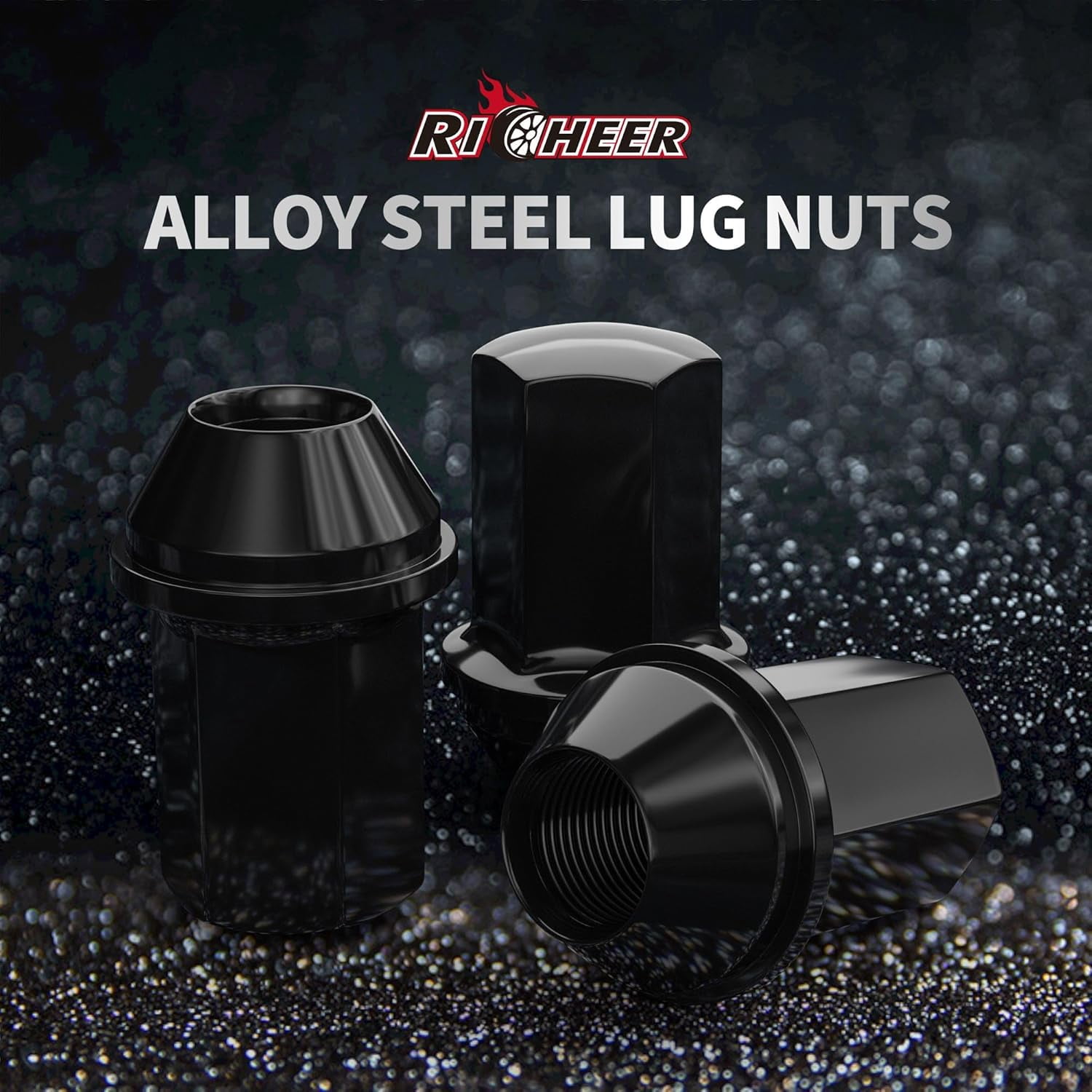 Richeer M14x1.5 Lug Nuts for Silverado 1500 Ram 1500 2500 Grand Cherokee and More, 24pcs 14x1.5 Black Lug Nuts One Piece OEM Style Large Acorn Seat OE 9596070 611-236
