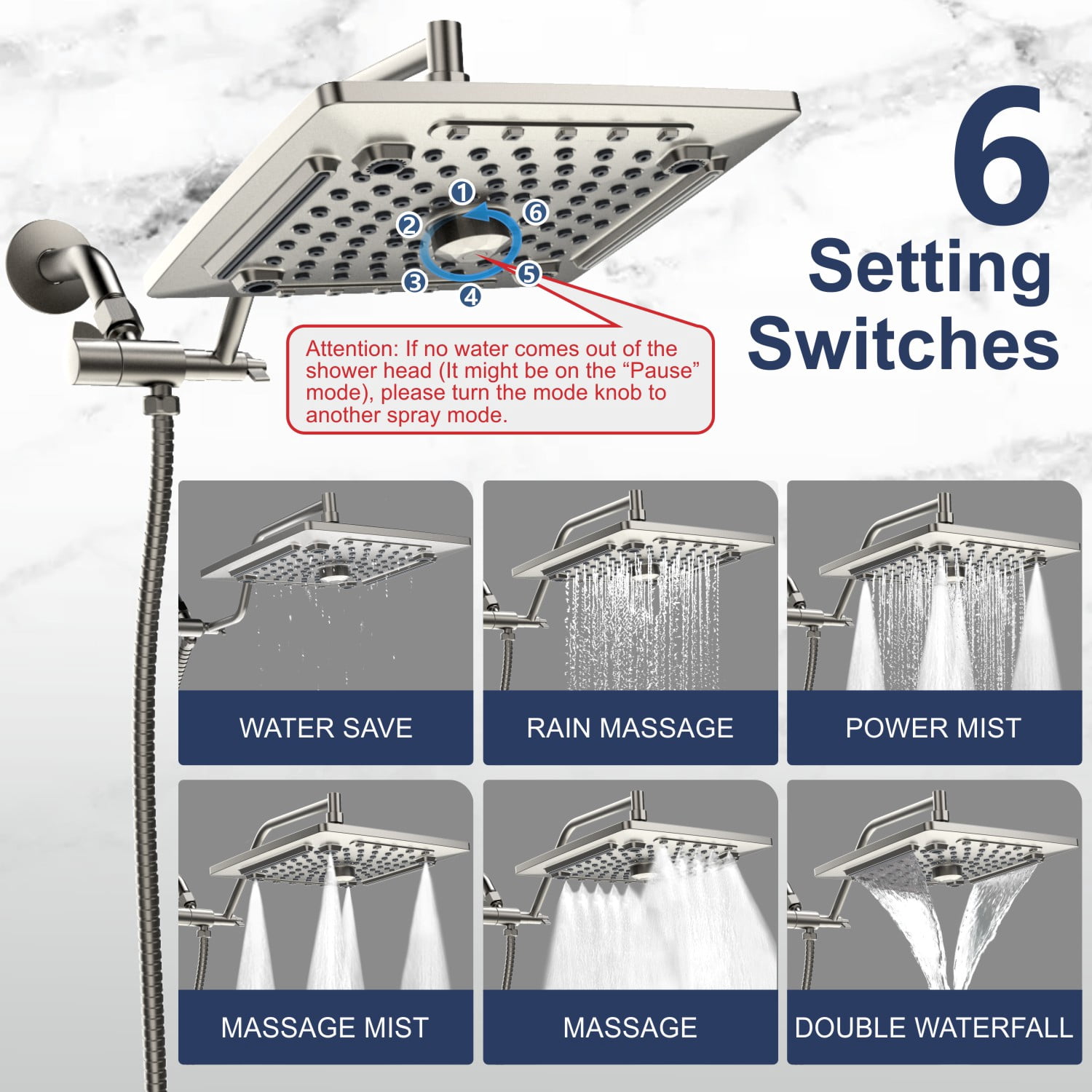 AUKTOPT Rainfall 5-Modes Spary 10 Inch Wall-Mount Showerhead Handheld Shower, Shower Head Combo with 60 Inch Hose, Extension Arm, Brushed Nickel