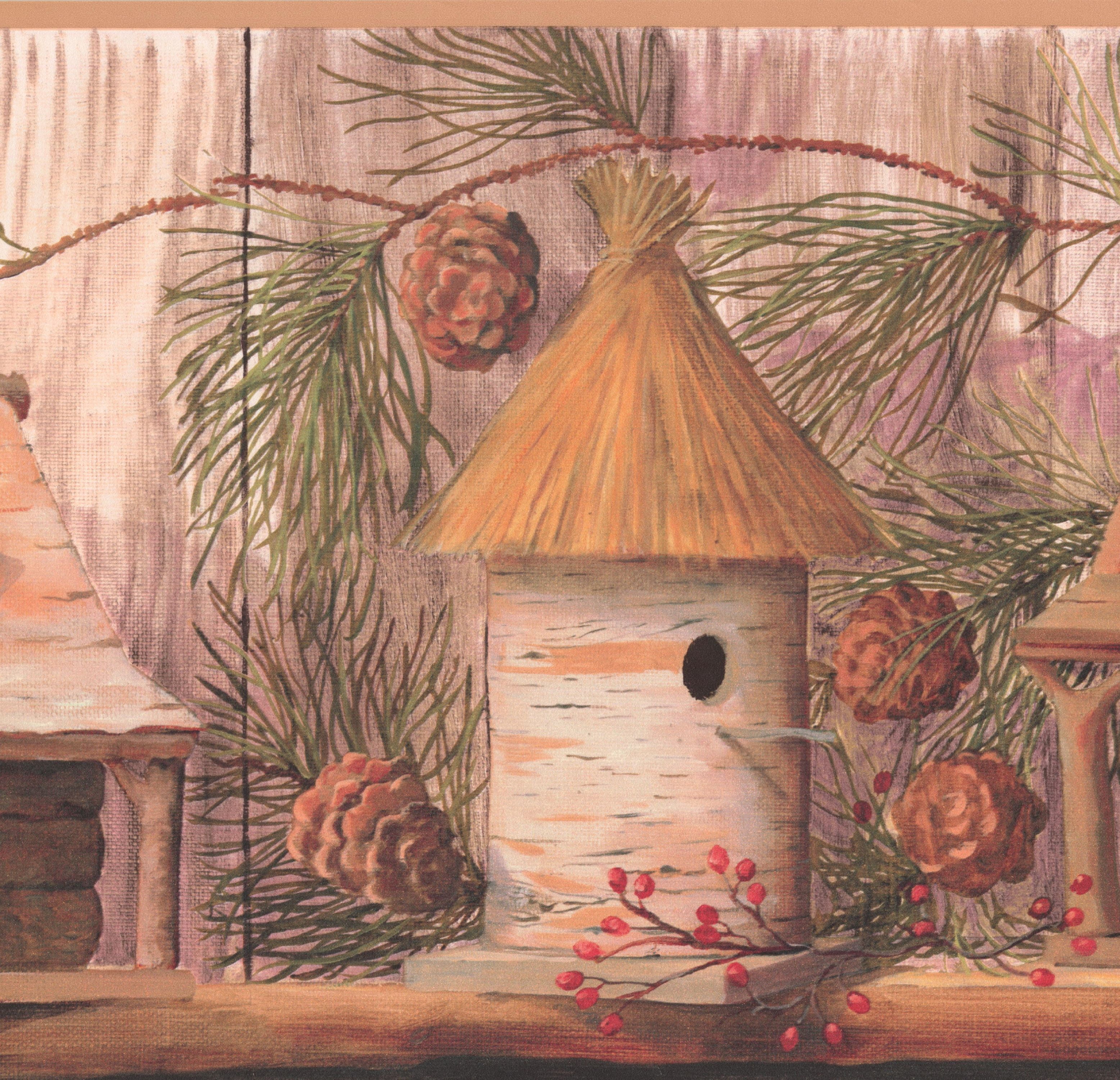 Wallpaper Border Birdhouses as Real Houses Pine Cones Red Berries