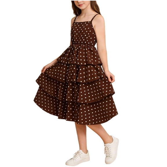 Girls Polka Dot Dress Tiered Ruffle Smocked Waist Spaghetti Strap Square Neck Midi Dress Nylon Spandex Brown Summer Casual Party,Size 12-13 T
