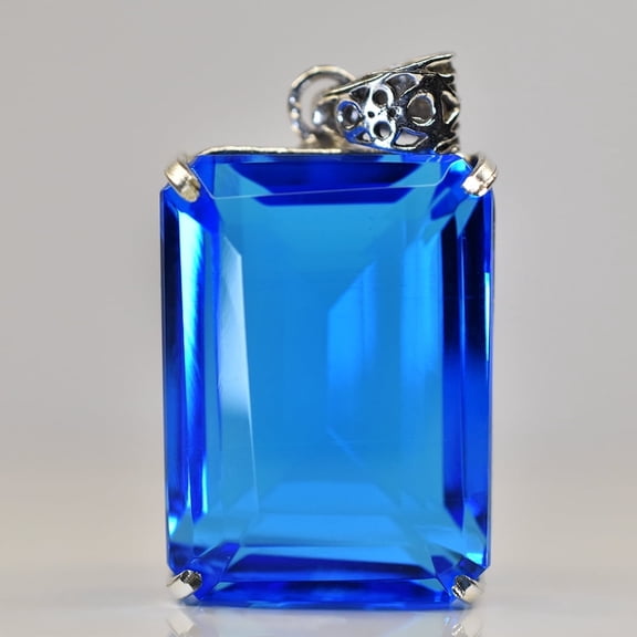 Brazilian Natural Blue Topaz 129 Ct 925 Sterling Silver Pendant Emerald Gemstone