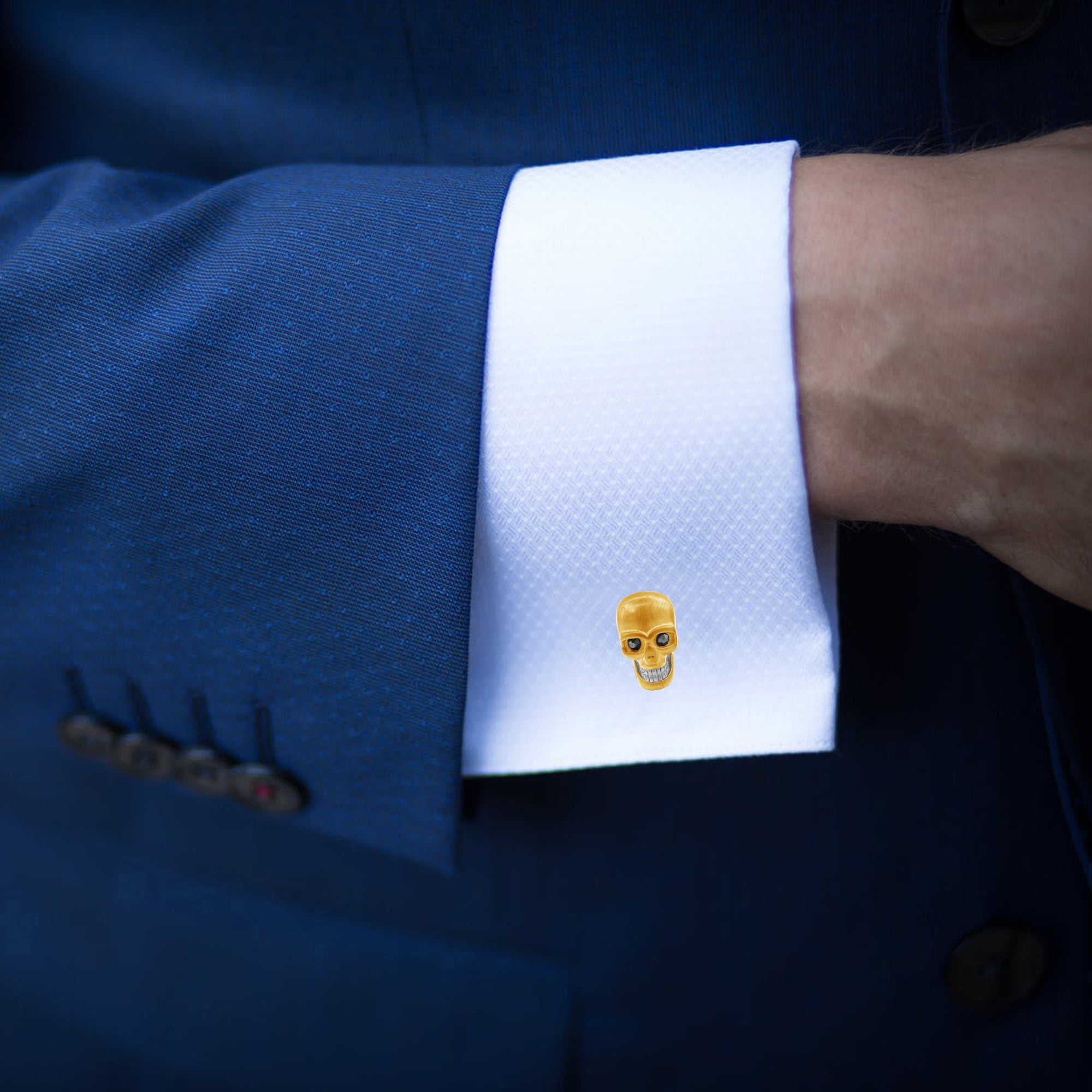 Arista Black Cubic Zirconia Men's Skull Cuff Links in Gold Plated Stainless Steel