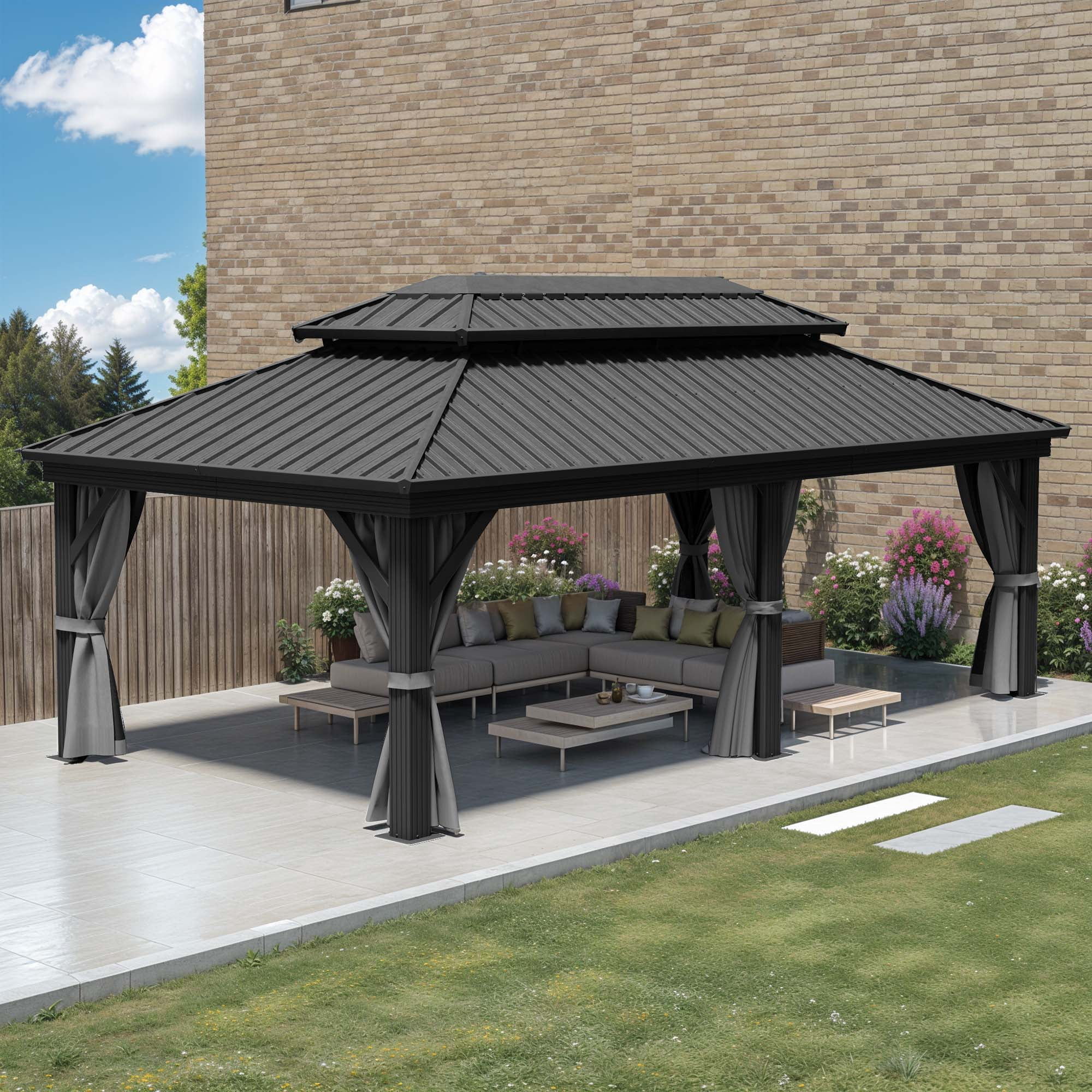 Dextrus 12x18ft Large Double Roof Hardtop Gazebo with Nettings & Gray Curtains,Heavy Duty Double Roof Galvanized  Iron Aluminum Canopy,Sunshade for Garden, Patio, Lawns, Black&Gray