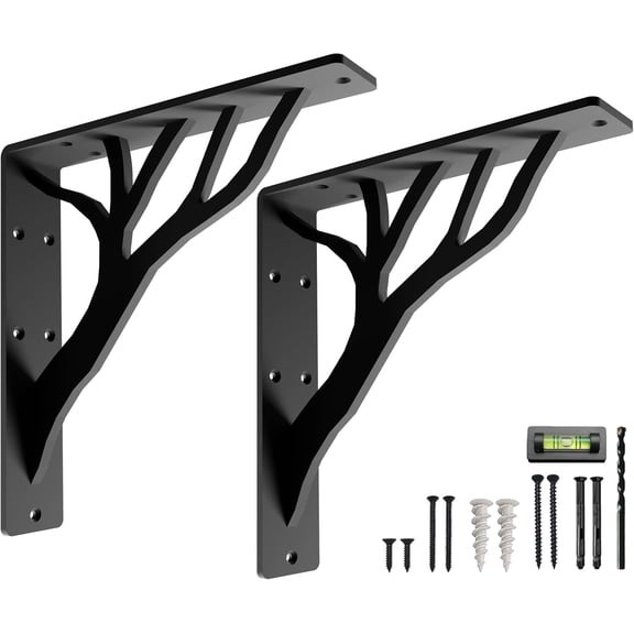 Rustic Tree Shelf L Brackets by Balin Designs (Black) for 12”-14” Shelves - Heavy-Duty Decorative Metal Fireplace Mantel Bracket Supports - Easy Installation with Included Hardware - Set Of 2