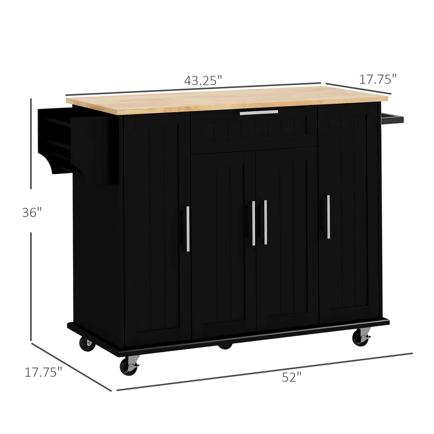 Demi Bonn 52" Modern Rolling Kitchen Cart with Drawers, Natural Wood Top & Towel Rack, Storage Cabinet for Kitchen, Black