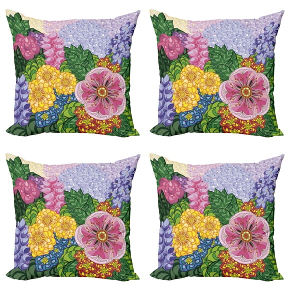 Ambesonne Vintage Throw Pillow Cover 4 Pack, Nature Flowers Buds, 16", Lilac Green